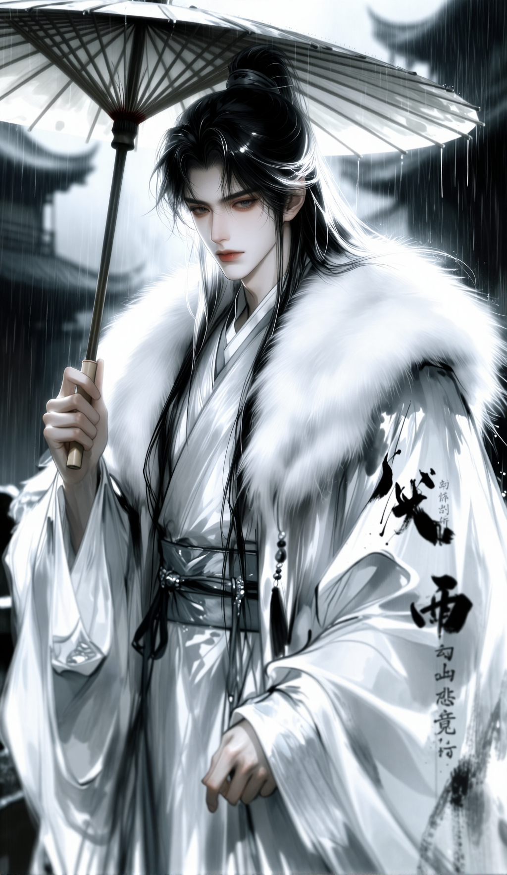 Monochrome ancient Chinese bishonen umbrella portrait