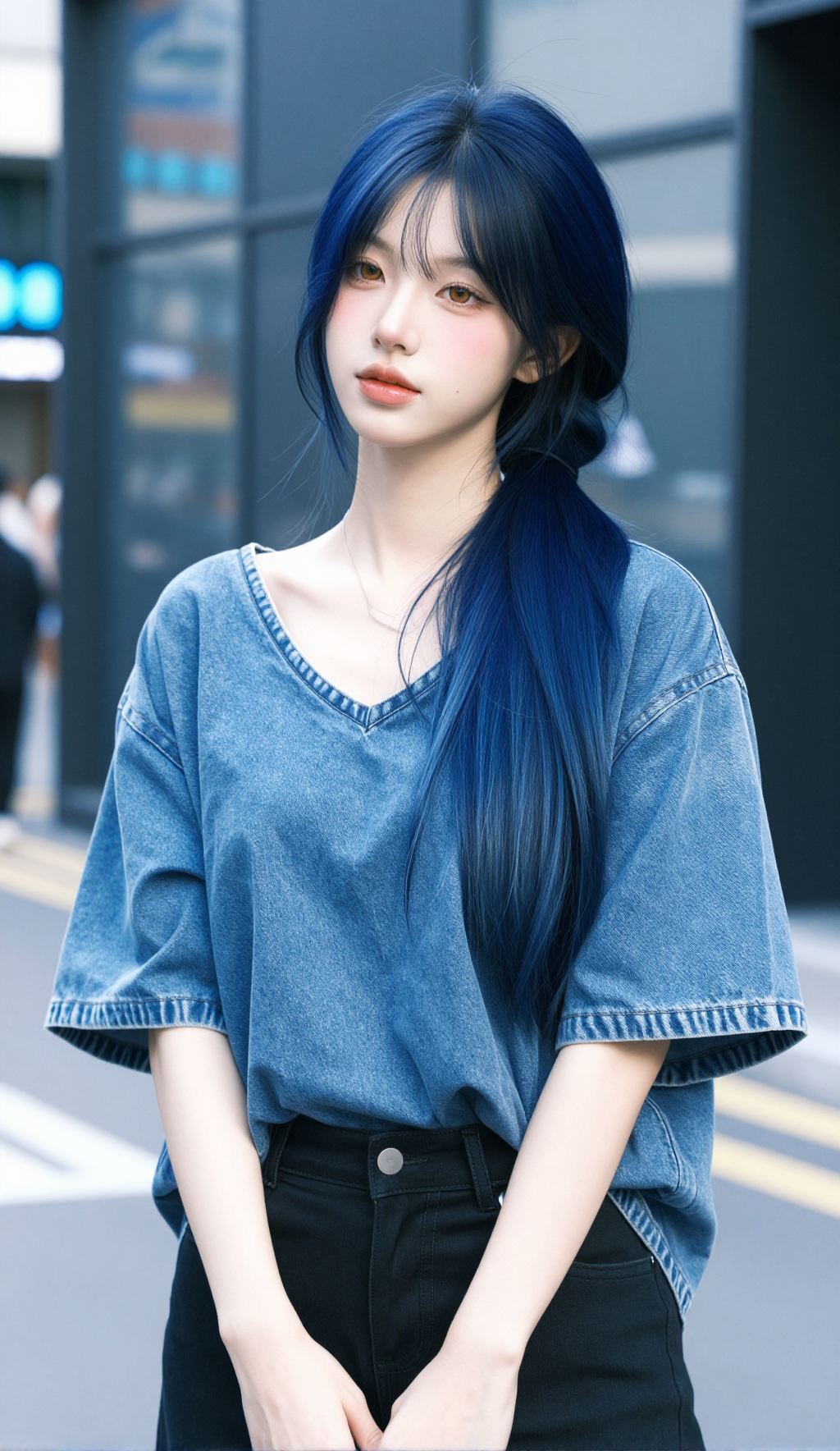 Soft angled portrait with denim V-neck shirt
