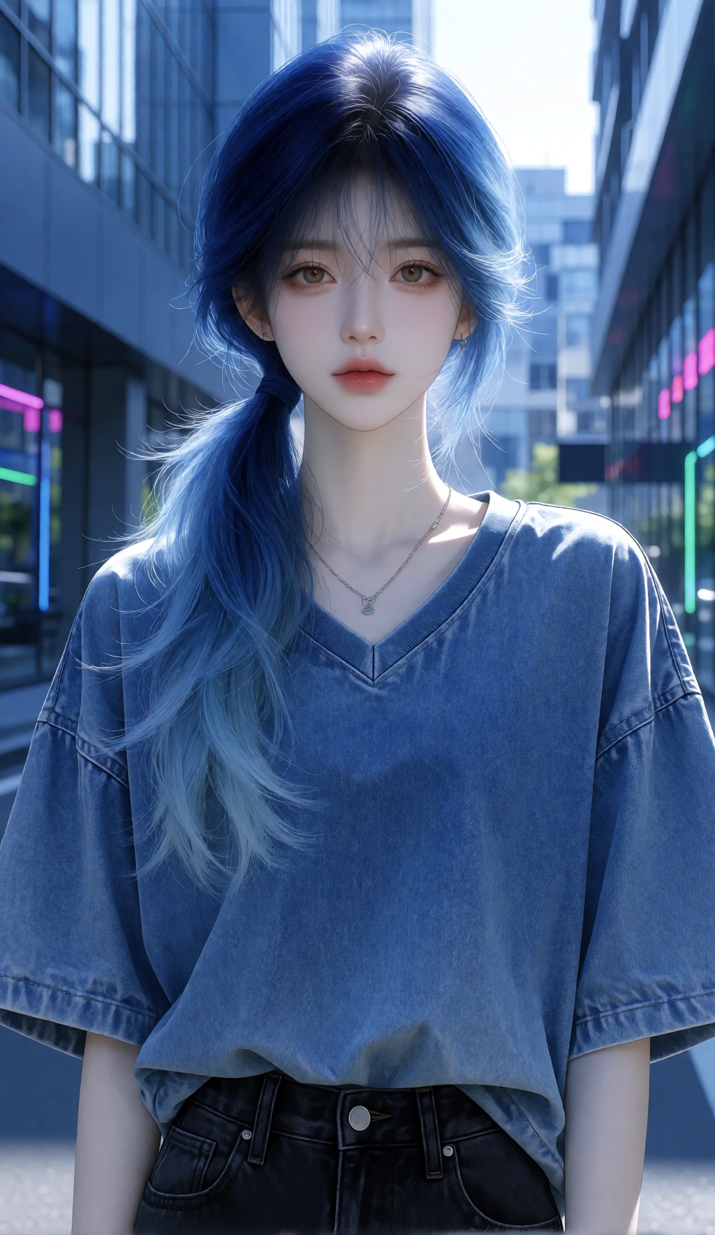 City daylight portrait with icy sky blue hair ends