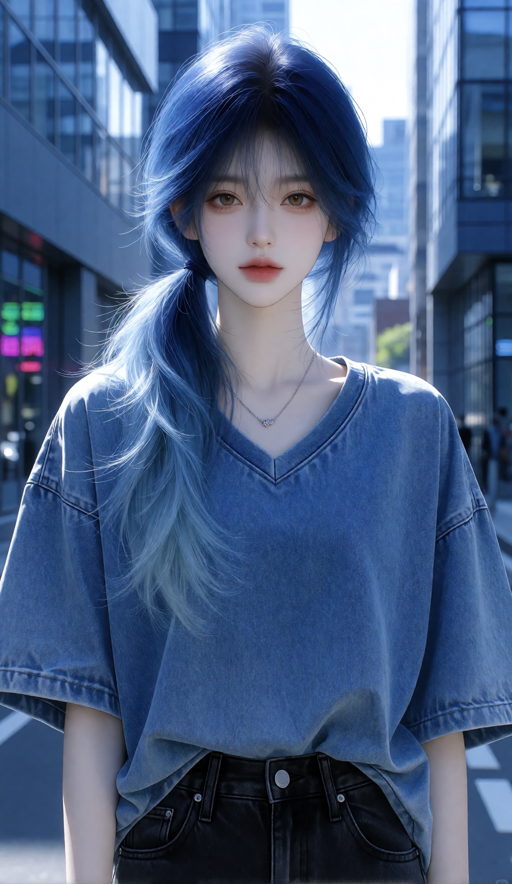 Clean urban street portrait with blue gradient hair