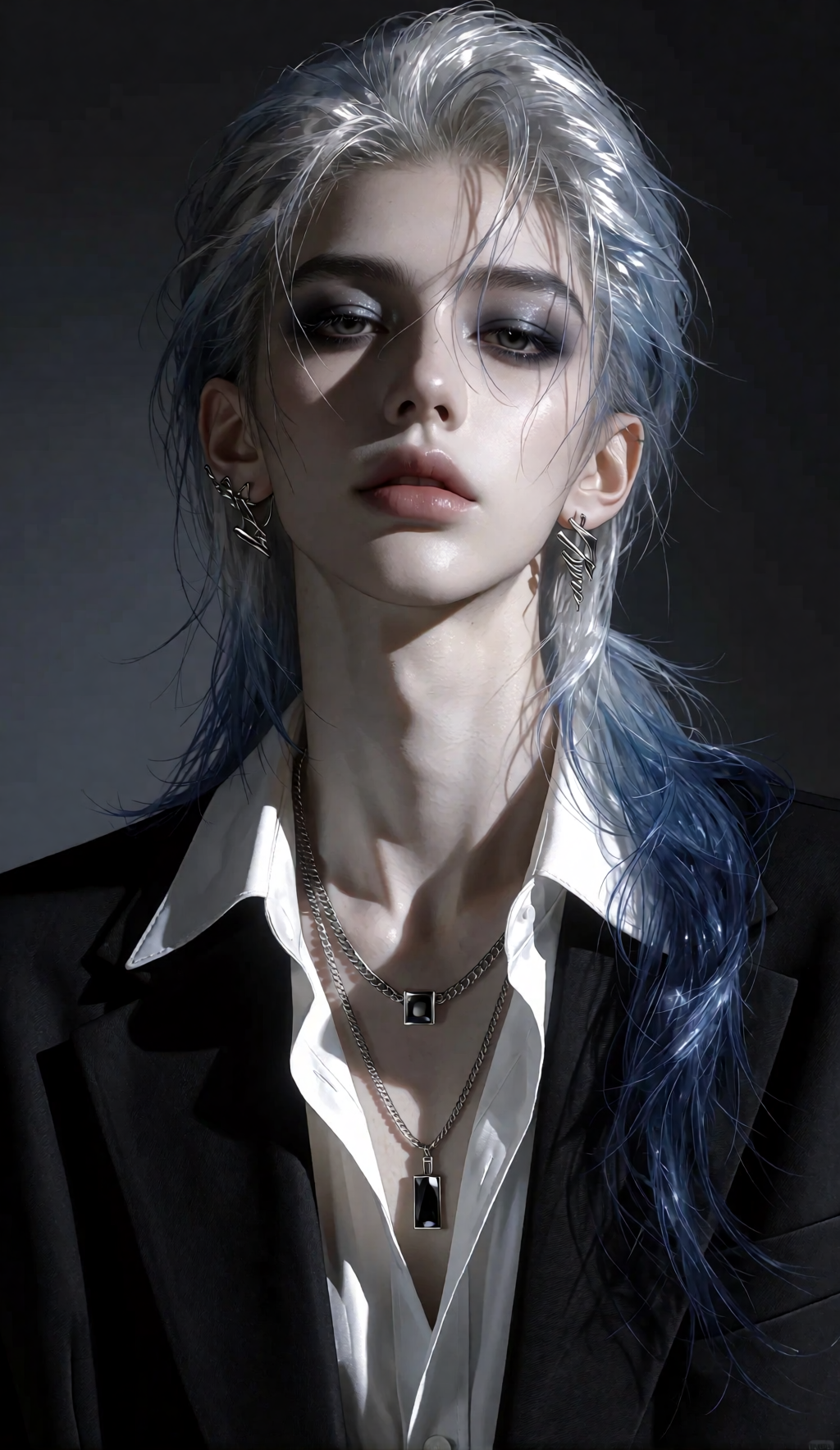 Front silver blue editorial portrait with smoky makeup